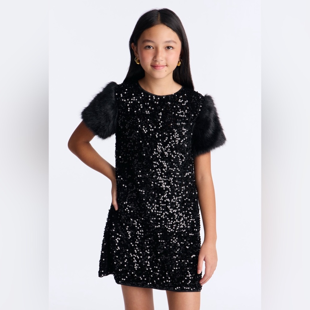 Black Sequin Dress with Faux Fur Sleeves
